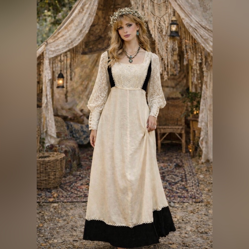 Vintage 1960’s/70’s maxi dress - cream muslin w/black velvet- renaissance style